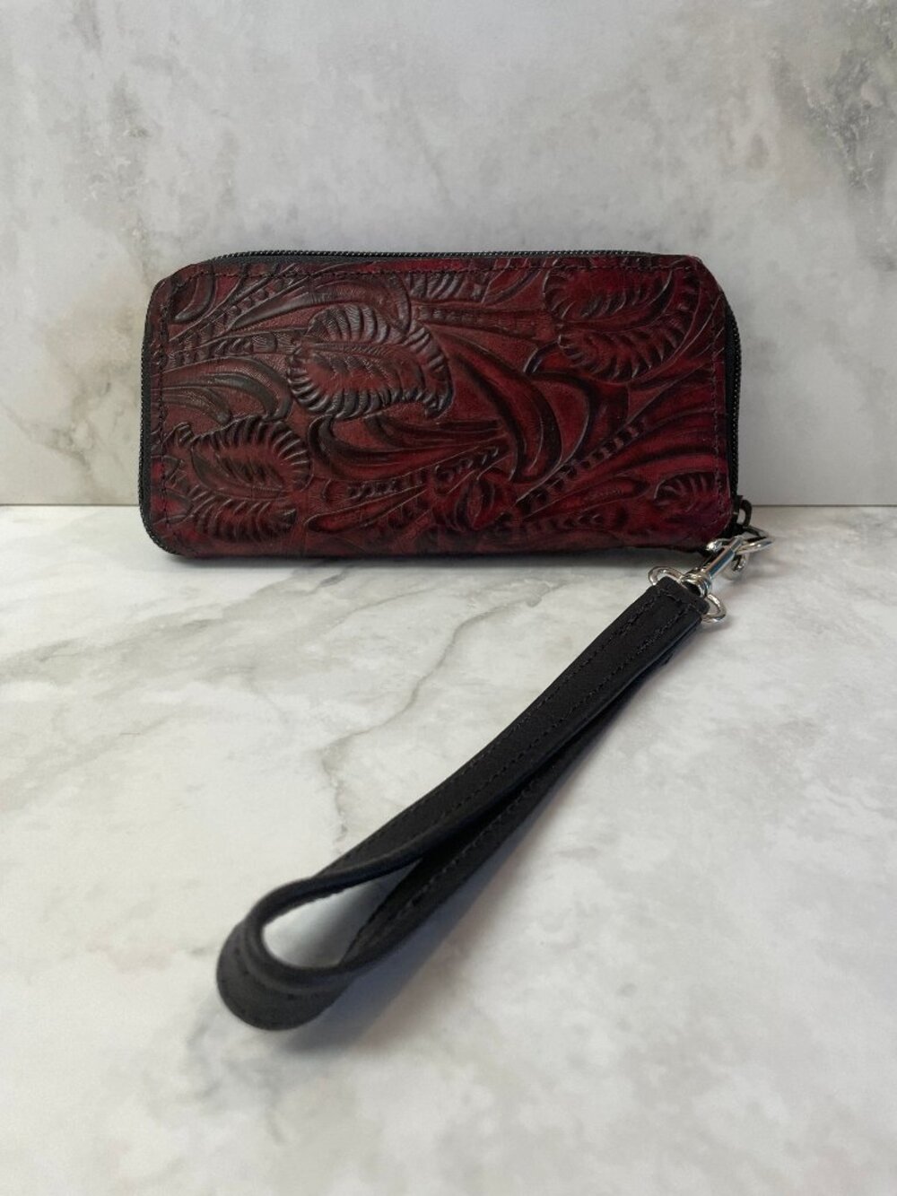 Bamzi Bags Handmade Brown Leather Embossed Card Holder Wallet Wristlet